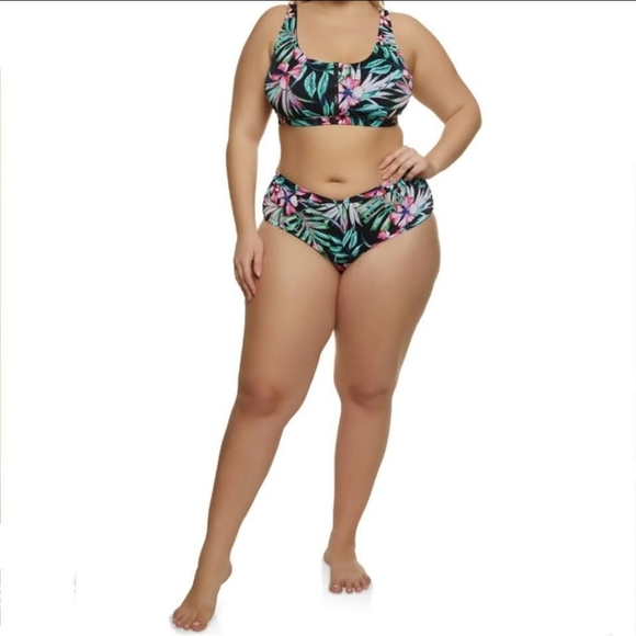 SEXY ☆ BLACK TROPICAL PRINT ☆ ZIP FRONT ☆ CAGED RIBBED BIKINI ☆ NWT - Picture 2 of 12